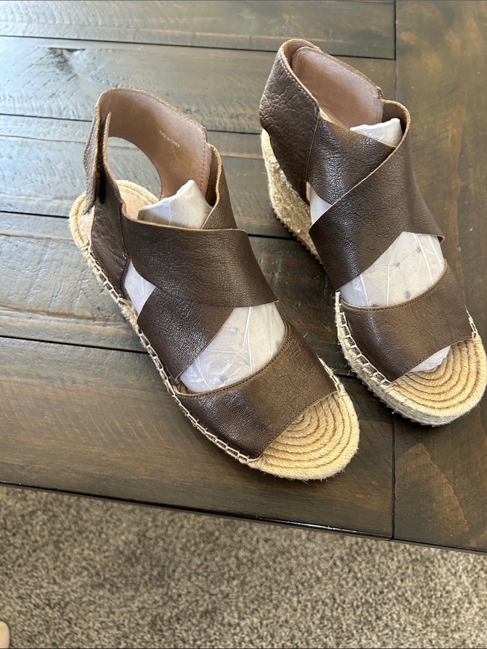Eileen Fisher Brown Leather Espadrille Wedge Sandals
